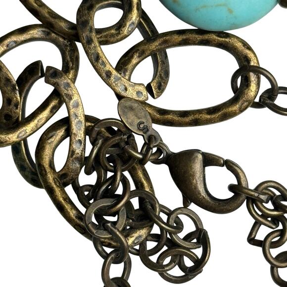 Turquoise Beaded Statement Necklace Antique Brass Chain Women's Adjustable Boho - Picture 9 of 11